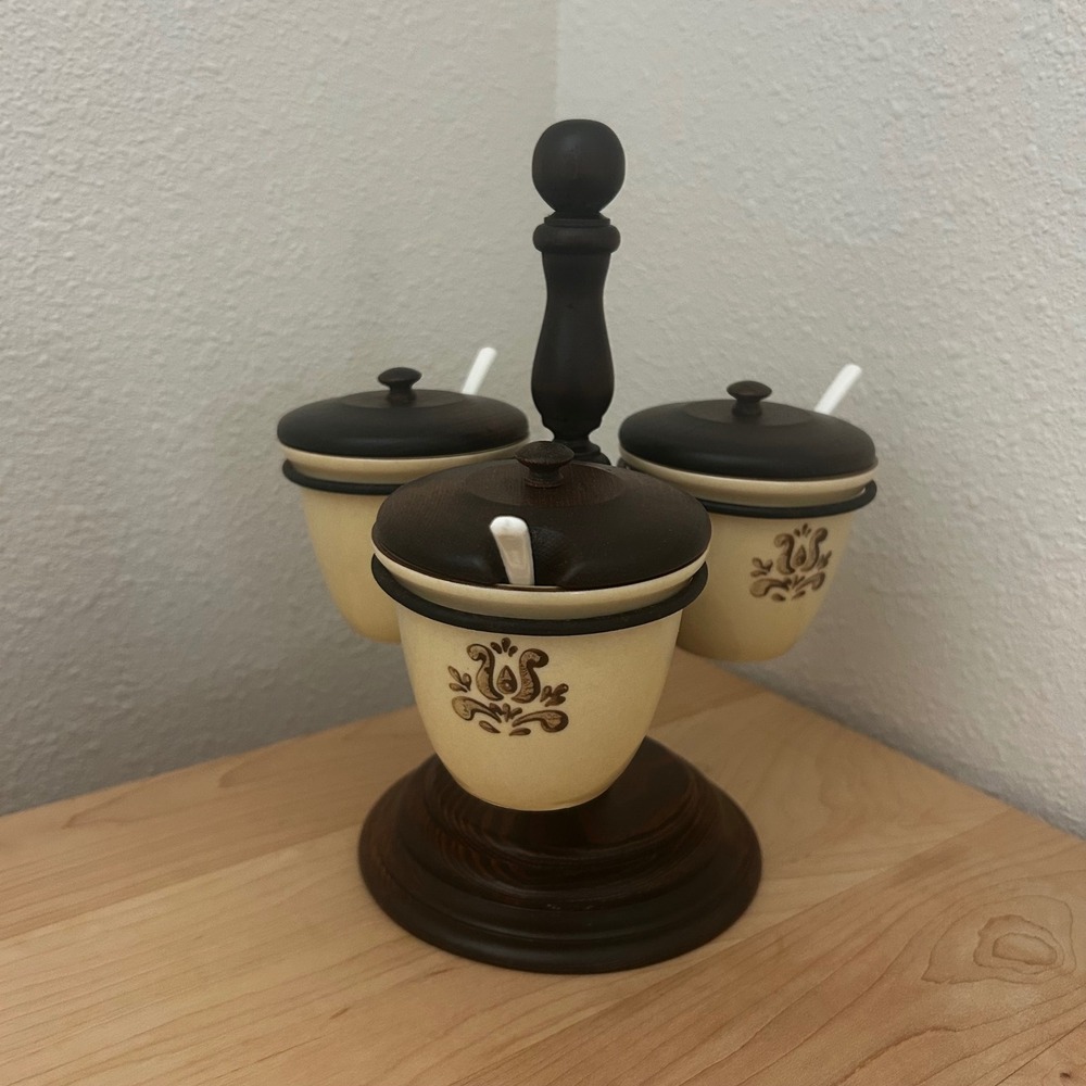 Vintage Three Mountaineers Inc Wood Spice or Sauce Carousel 3 Crocks with Spoons